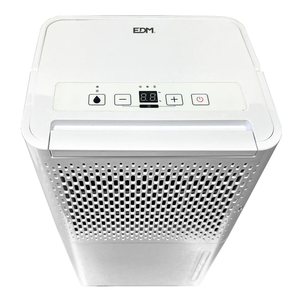 A top angled view of the Dehumidifier EDM 07416 showing both the perforated panel and control panel, illustrating the overall design and functionality.