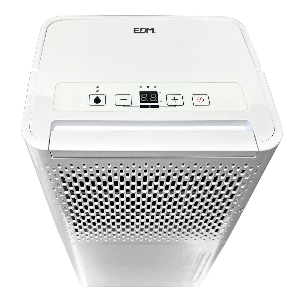 A top angled view of the Dehumidifier EDM 07416 showing both the perforated panel and control panel, illustrating the overall design and functionality.