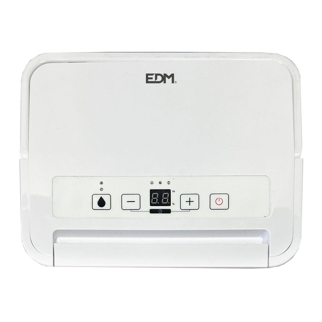 A close-up of the Dehumidifier EDM 07416's control panel, displaying the EDM branding, digital display, and control buttons.