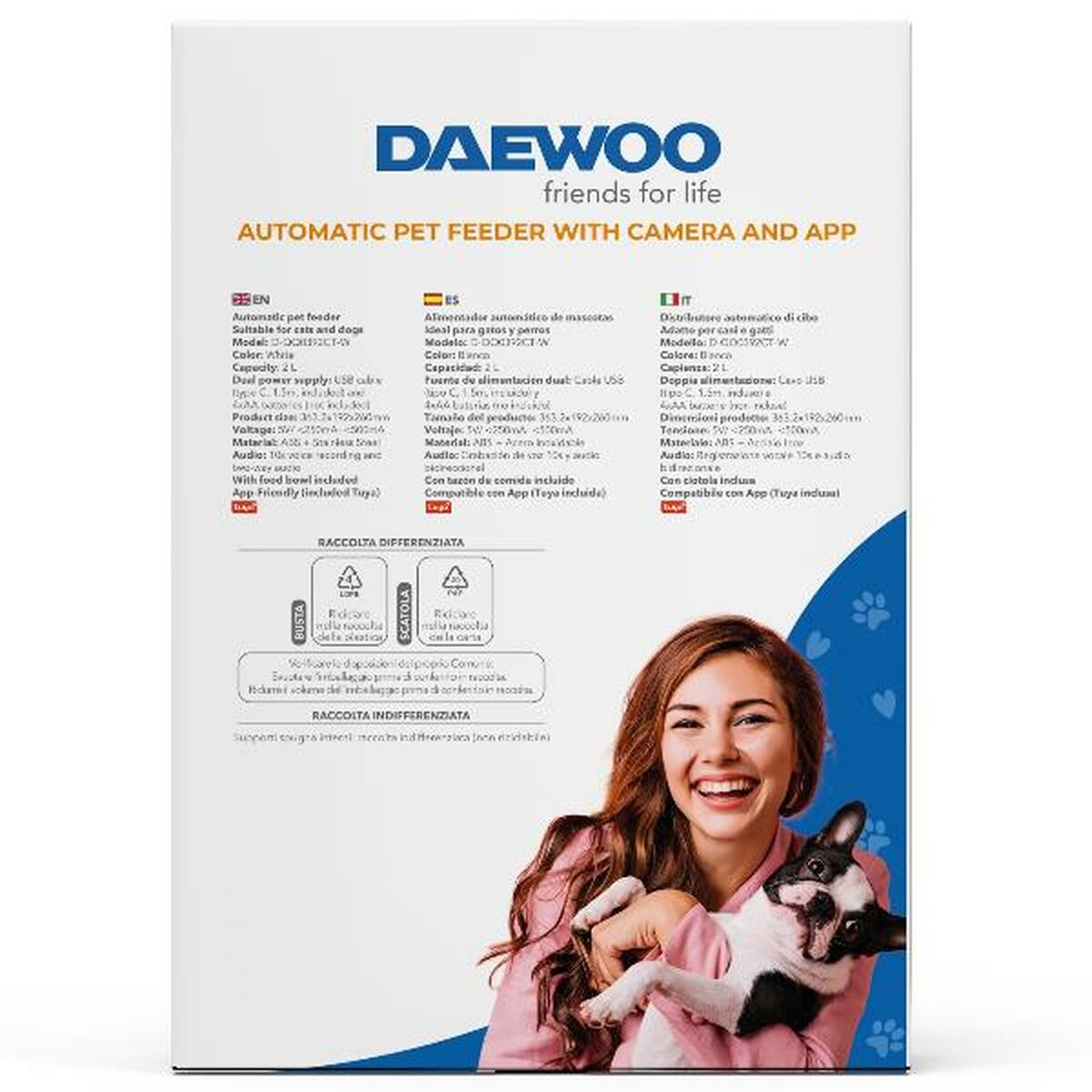 The image shows the packaging of the 'Daewoo Automatic Pet Feeder with Camera and App', suitable for cats and dogs. It features the Daewoo logo and the tagline 'friends for life.' The package mentions the product model D-QQ039-2L and highlights its dual power supply, camera feature, and app compatibility. The text is presented in multiple languages (English, Spanish, Italian). The bottom section includes recycling information. The packaging is predominantly white with blue elements and includes a picture of