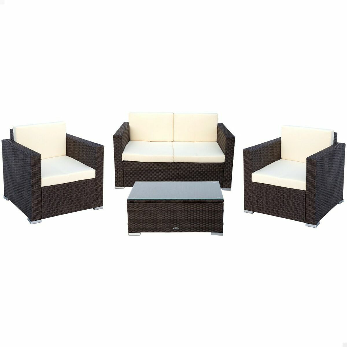 The image shows a set of garden furniture featuring a modern design. The set includes two single armchairs, a double-seater sofa, and a rectangular coffee table. All pieces are constructed with a dark brown wicker finish. The seating comes with cream-colored cushions, providing a sleek contrast to the dark frames. The coffee table features a glass top. The furniture is arranged in a clean, product-focused layout suitable for promotional purposes.