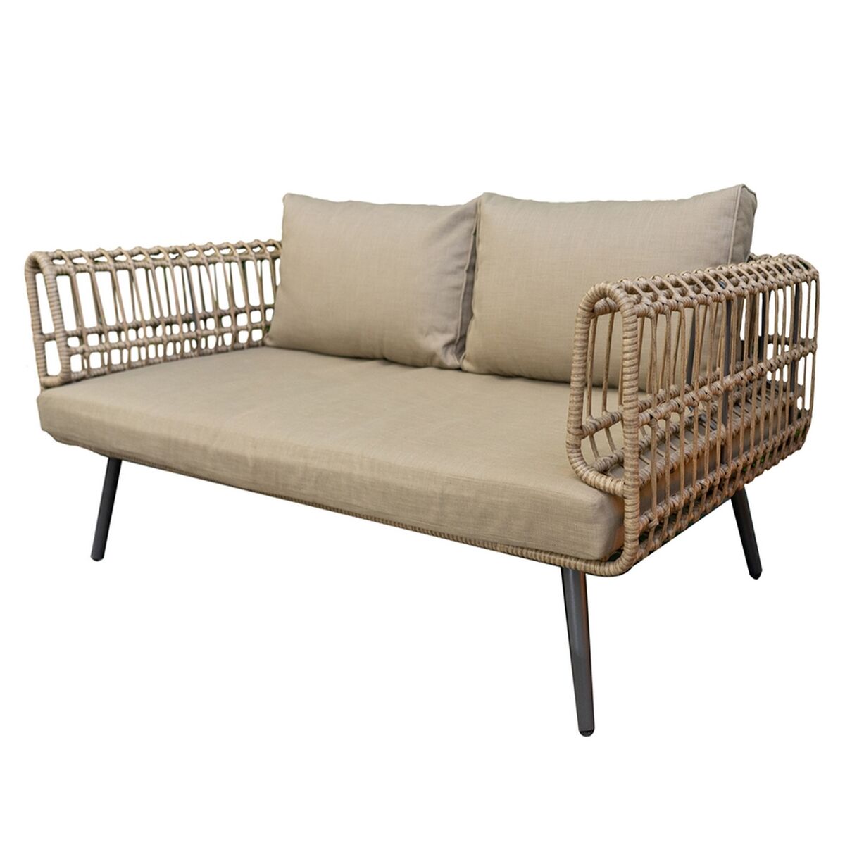 A 2-seater sofa with a synthetic rattan frame, featuring sand-colored cushions. The sofa is elevated on slim black legs, giving it a modern appearance.