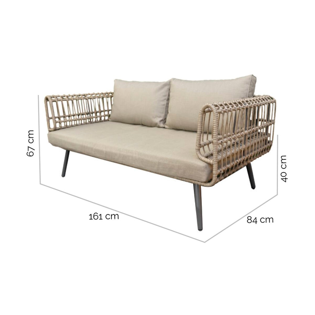 The same 2-seater sofa with dimension overlays: 161 cm in length, 84 cm in width, and 67 cm in height, highlighting its spacious seating capacity.