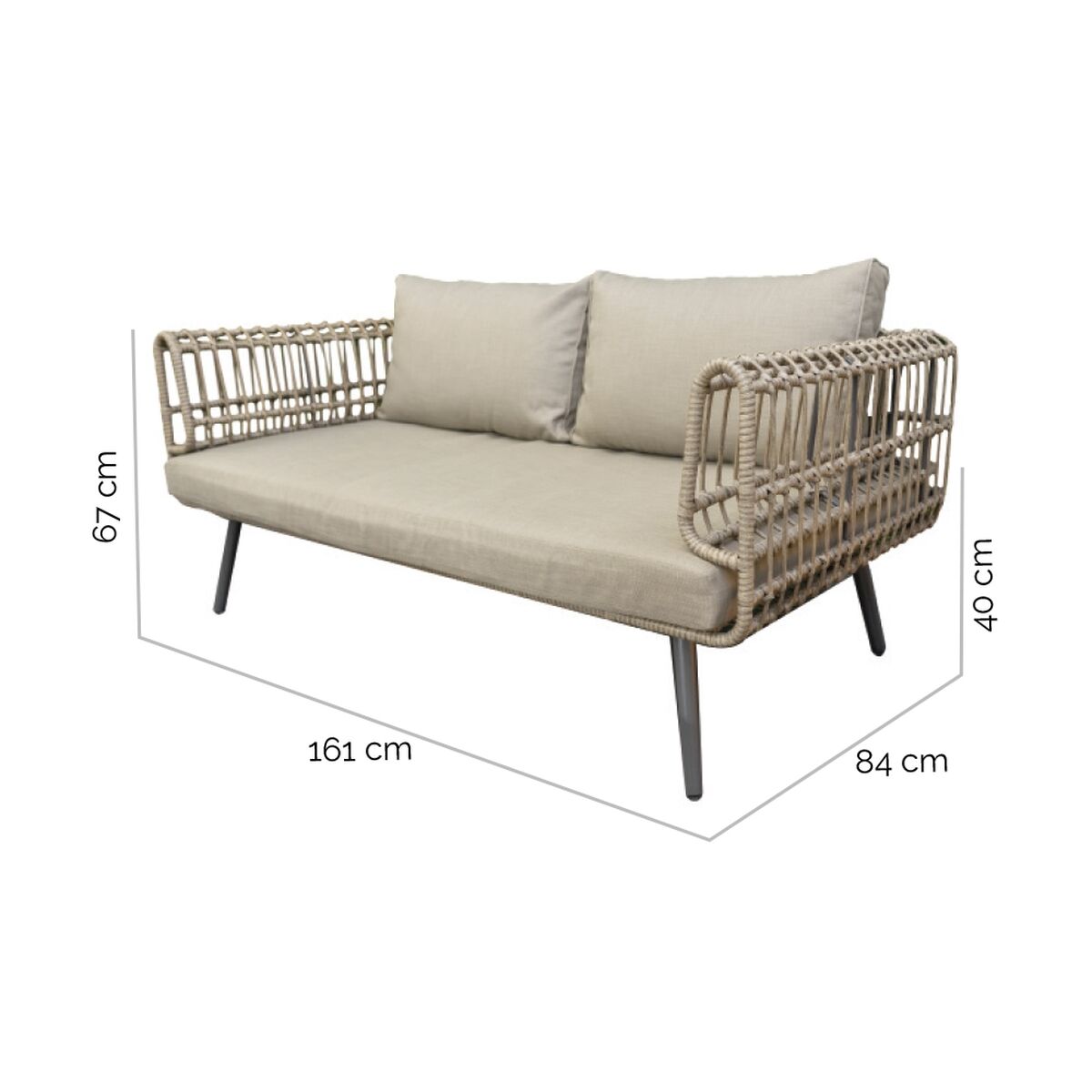 The same 2-seater sofa with dimension overlays: 161 cm in length, 84 cm in width, and 67 cm in height, highlighting its spacious seating capacity.