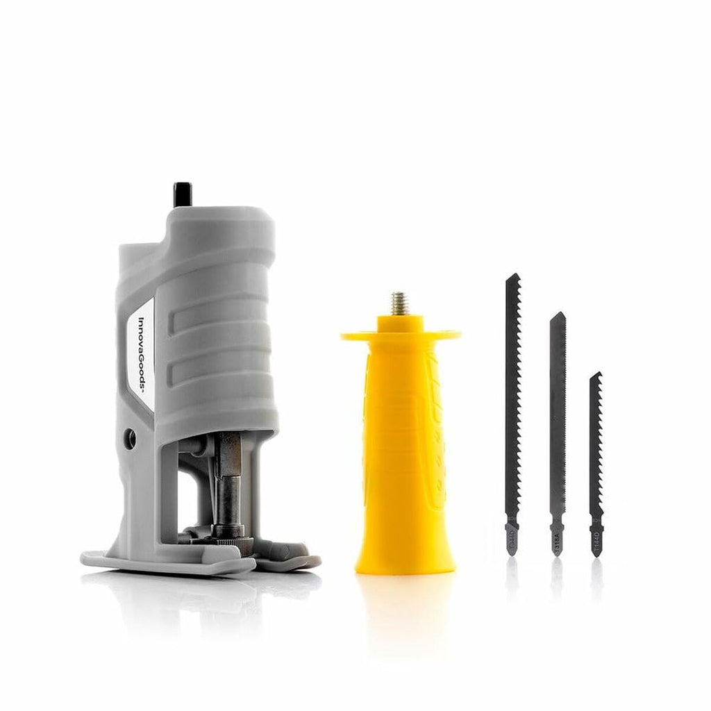 The InnovaGoods Jigsaw Drill Attachment with its components including a yellow handle and several saw blades arranged neatly. The colors are predominantly gray and yellow against a white background.