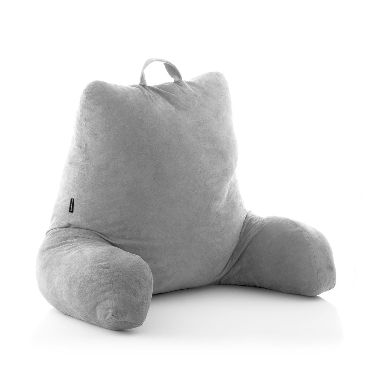Front view of the grey reading pillow with armrests against a white background, showcasing its full design.