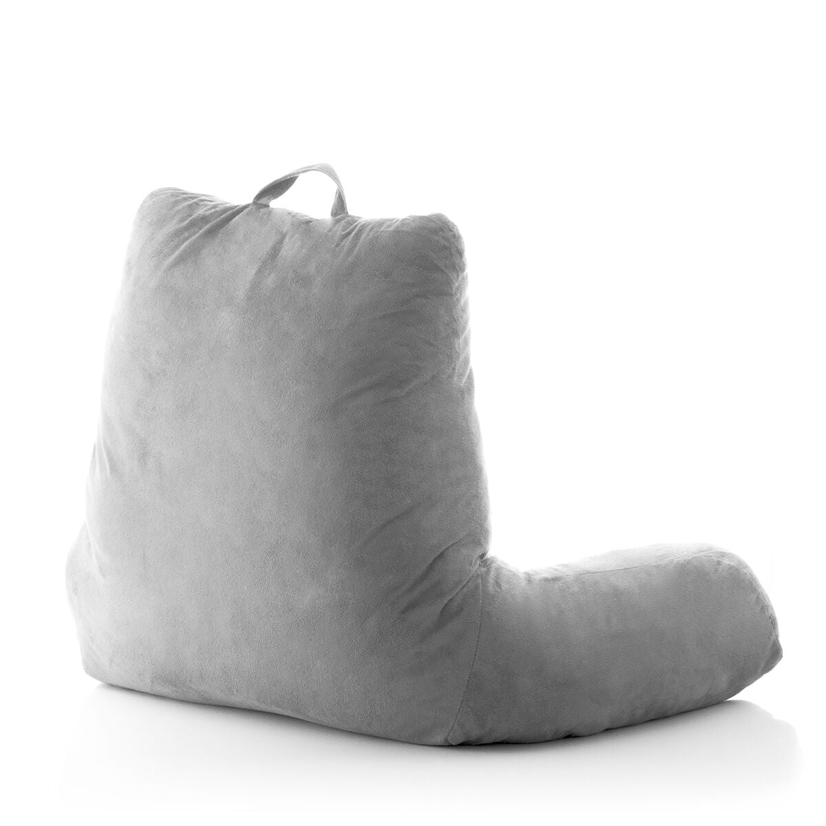 Side view of the grey reading pillow with armrests, showing its plush texture and handle.