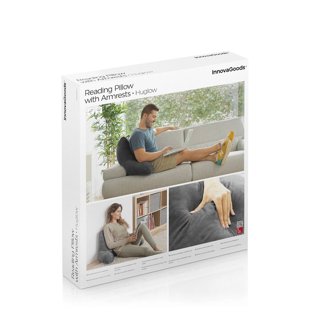 Product packaging displaying the Reading Pillow with Armrests, featuring lifestyle images and a product description.