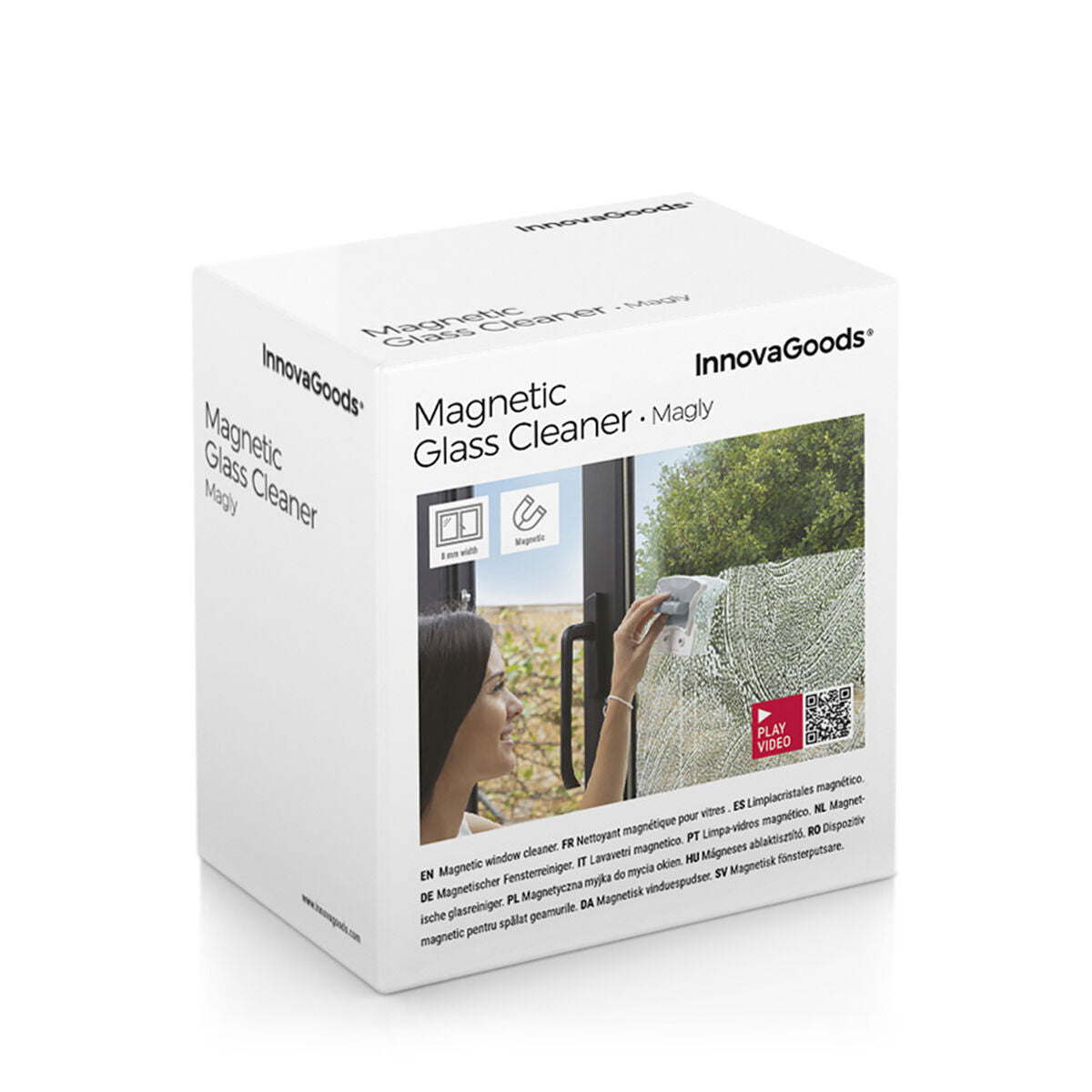 Packaging image of the Magnetic Window Cleaner Magly by InnovaGoods. The box is predominantly white with product images and features illustrated.