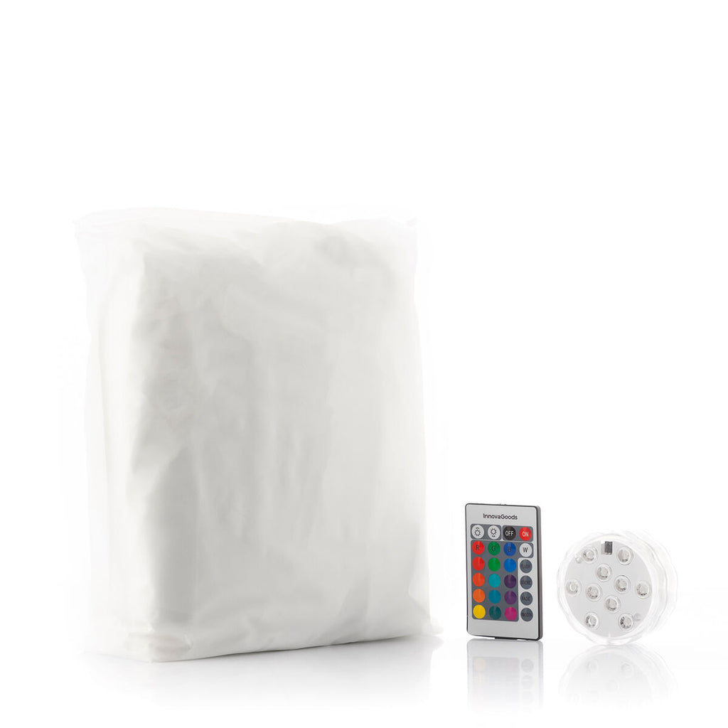 Contents include a white packaged bag, a colorful remote control, and an LED component, showcasing what comes with the product.