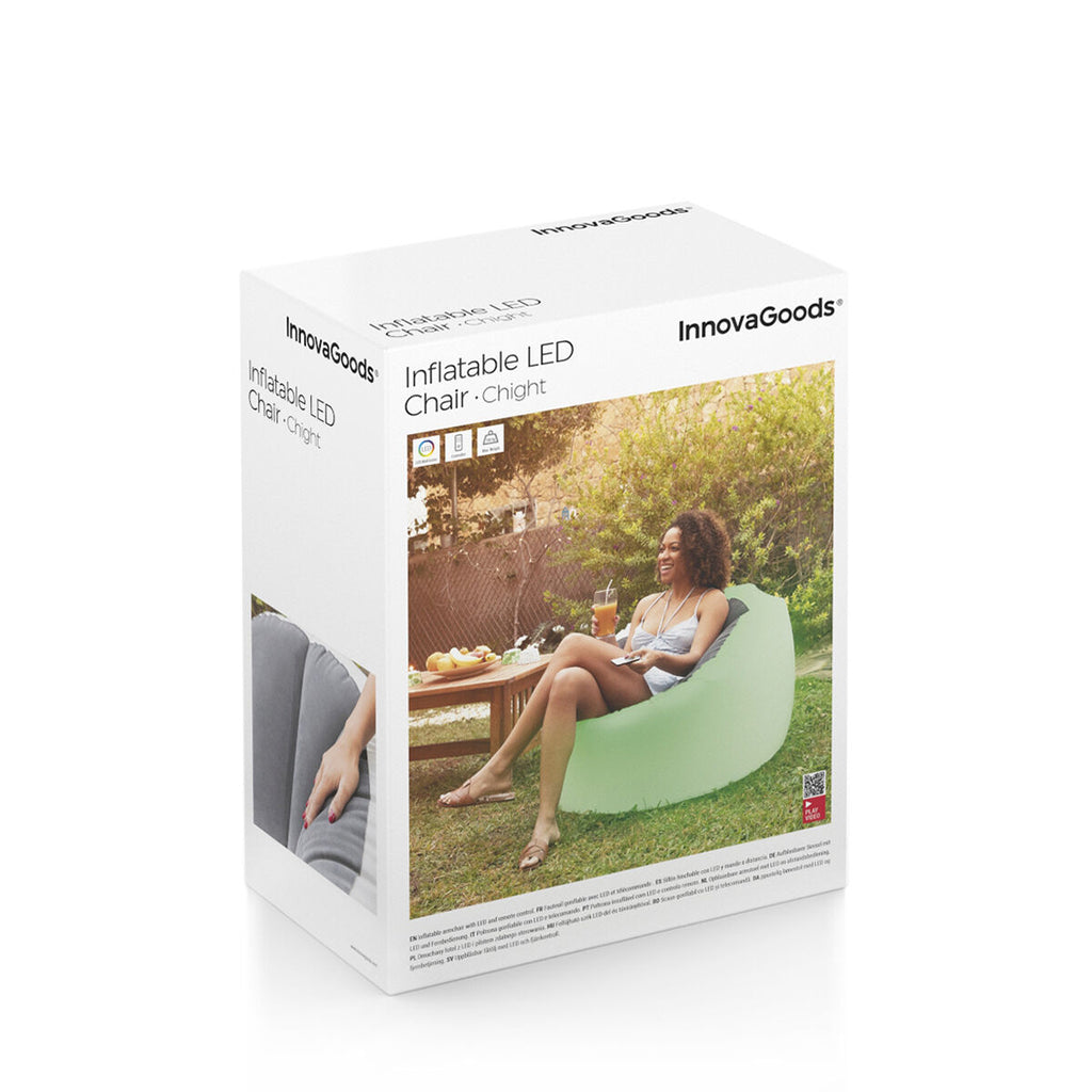 The packaging of the Inflatable LED Chair Chight by InnovaGoods. The box shows an image of the product being used outdoors by a person sitting comfortably with a drink. The brand name and product name are clearly visible.