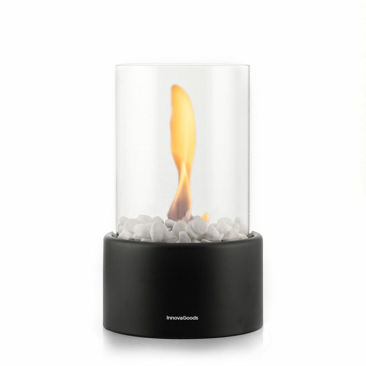 Product shot of the fireplace with a visible flame inside the glass cylinder, presenting the aesthetic appeal when lit.