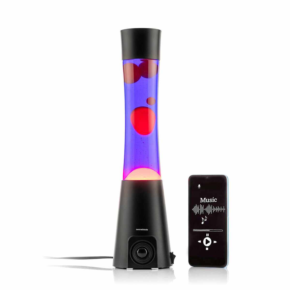 The lava lamp is displayed alongside a smartphone, showing its music-playing capability. The colorful liquid inside the lamp is well-highlighted.