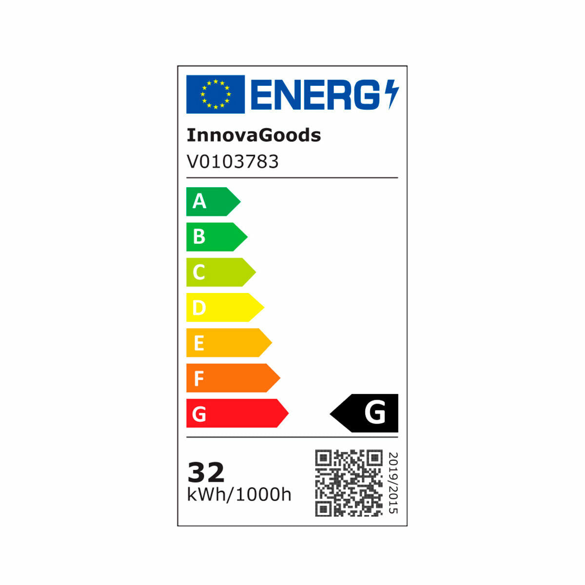 Energy label with brand name InnovaGoods and efficiency rating G.