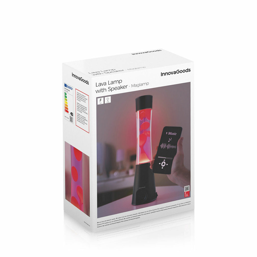 Product packaging of the Lava Lamp with Speaker, displaying the lamp and a smartphone interface on the box. Branding details are visible.