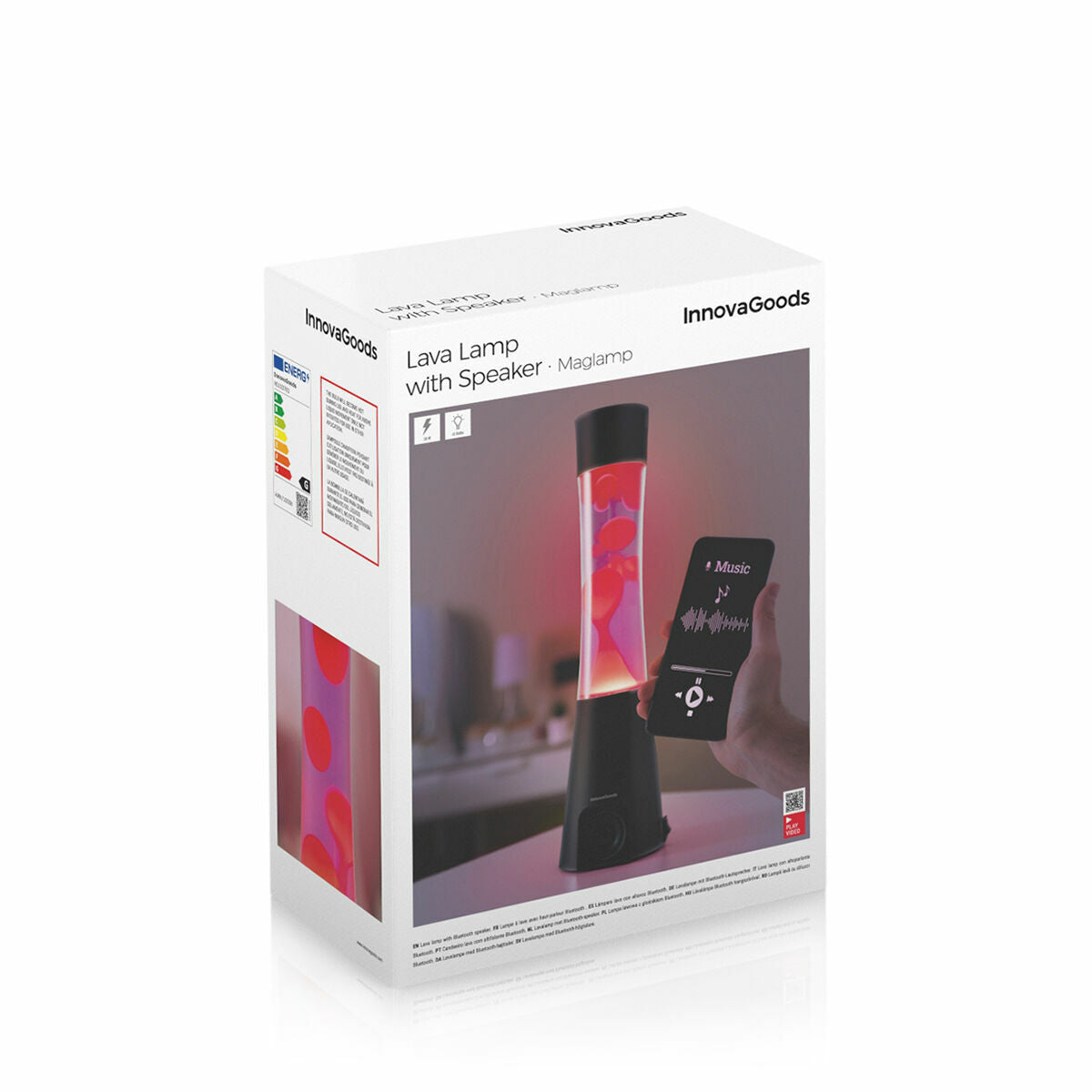 Product packaging of the Lava Lamp with Speaker, displaying the lamp and a smartphone interface on the box. Branding details are visible.
