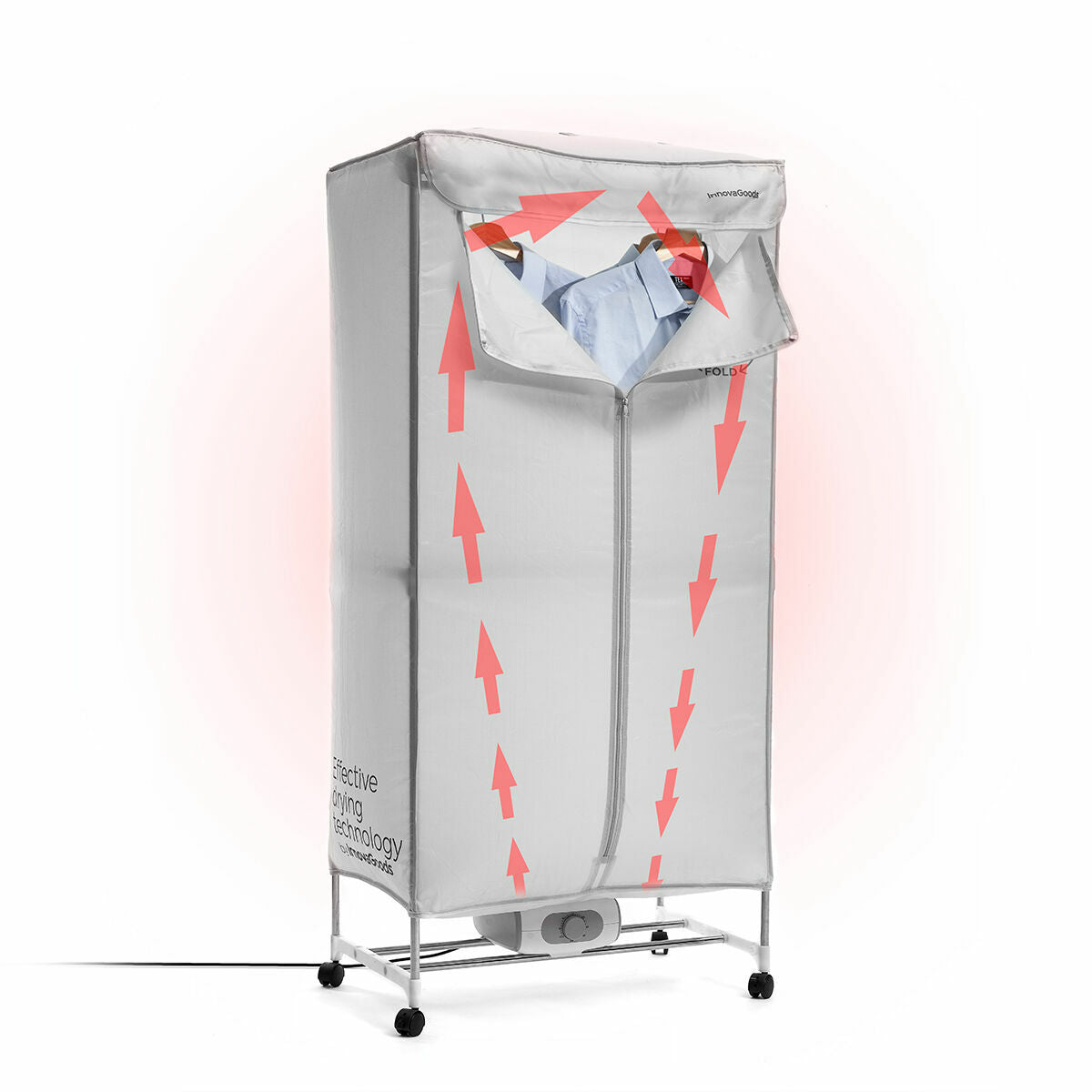 The dryer with its silver cover, arrows illustrating air flow red on the fabric, hanging shirts inside visible through the opening.