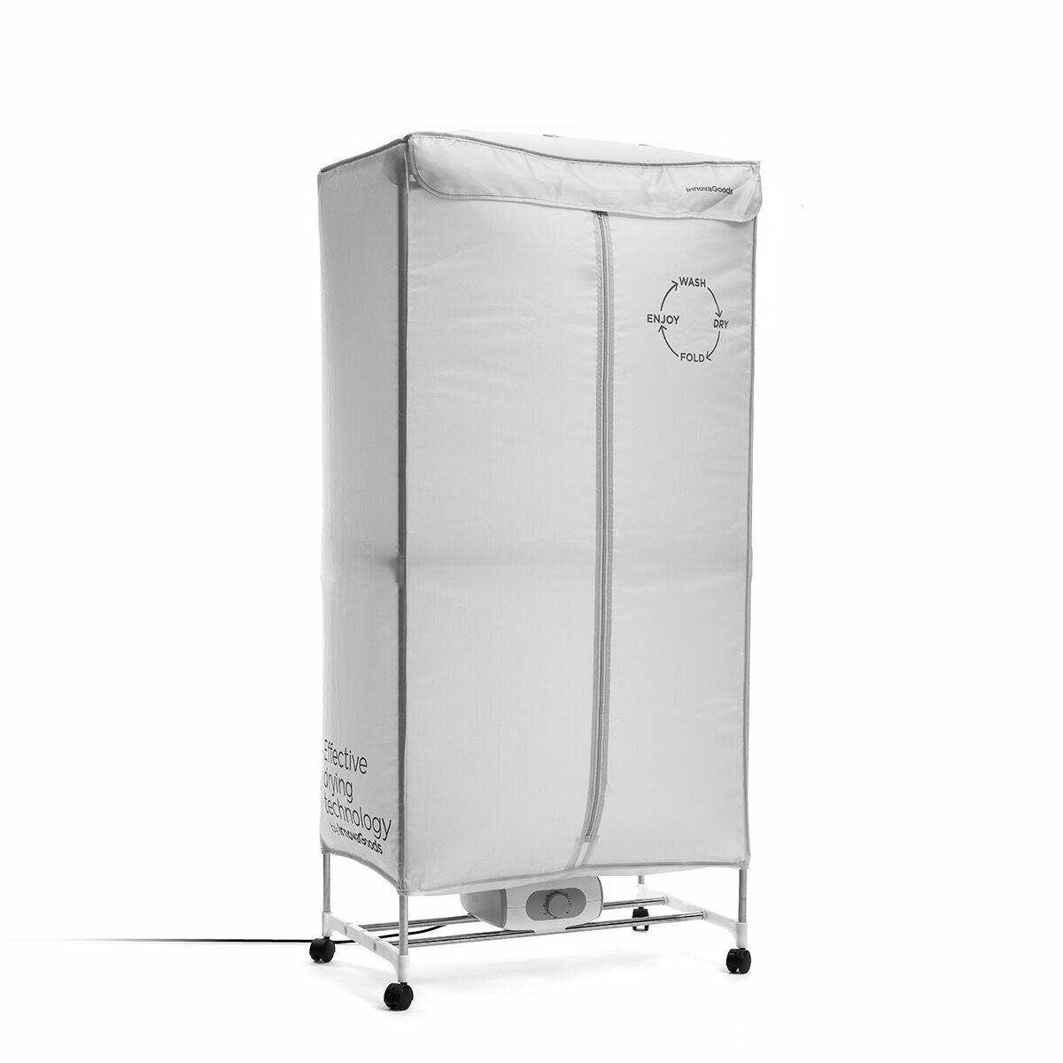 The InnovaGoods Portable Electric Dryer with its silver cover, standing on a frame with wheels. Branding and flow cycle graphic are visible on the cover. It includes a covered compartment which zips open.
