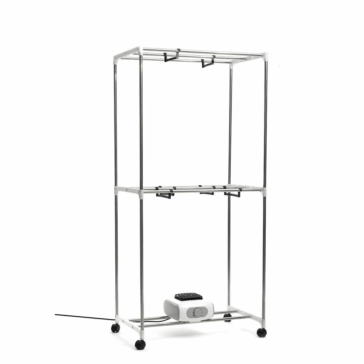 Metallic frame of the dryer without the fabric cover. Two levels of hanging bars are visible with the base housing a white electric component. The entire structure has wheels for mobility.