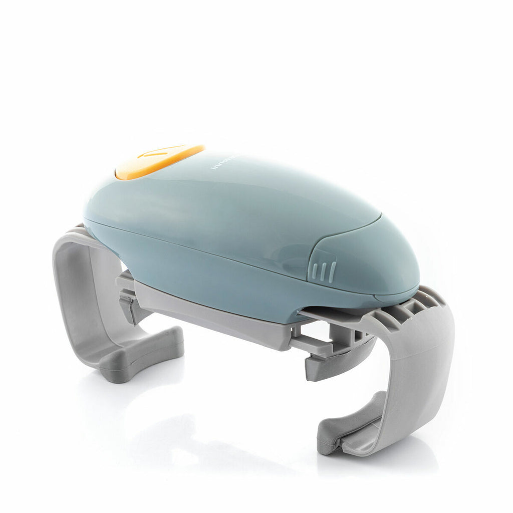 An angled view of the Electric Jar Opener Lloucan InnovaGoods against a white background, highlighting the product's design and structure including its blue body and gray arms.