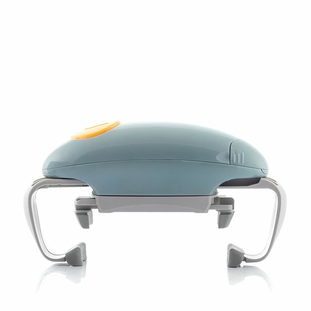 A side profile shot of the Electric Jar Opener Lloucan InnovaGoods. The device is shown against a plain white background, emphasizing its streamlined shape and mechanical parts, such as the gray gripping arms and the yellow activation button.
