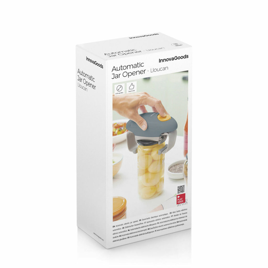 The product packaging of the Electric Jar Opener Lloucan InnovaGoods. The box is mainly white with product information and an image of the jar opener being used on a jar full of sliced items. The brand name 'InnovaGoods' and product title are clearly visible.
