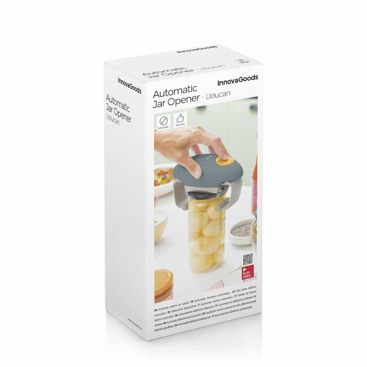 The product packaging of the Electric Jar Opener Lloucan InnovaGoods. The box is mainly white with product information and an image of the jar opener being used on a jar full of sliced items. The brand name 'InnovaGoods' and product title are clearly visible.