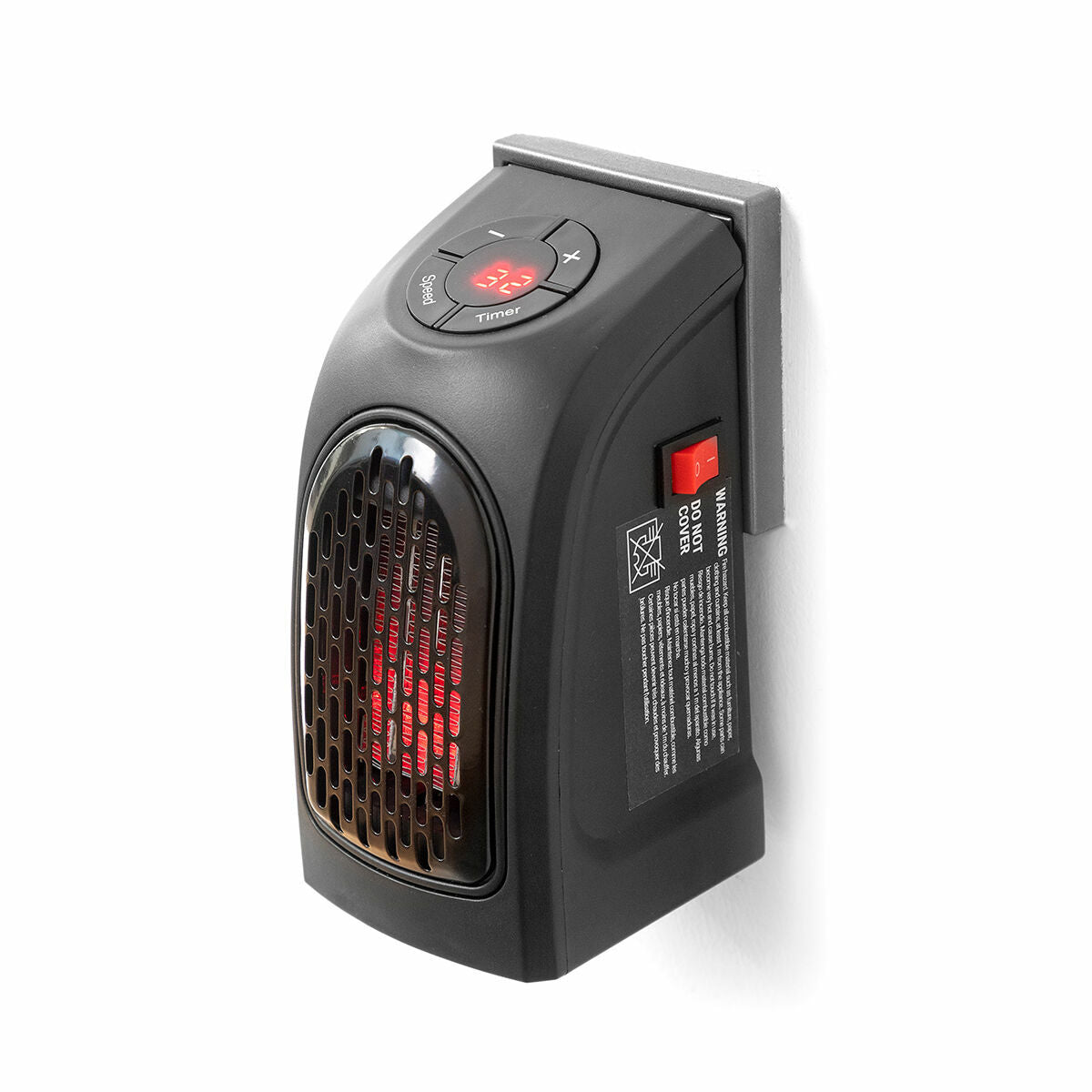 The heater is plugged into a wall outlet with a focus on the red digital display, providing close-up clarity of the settings area.