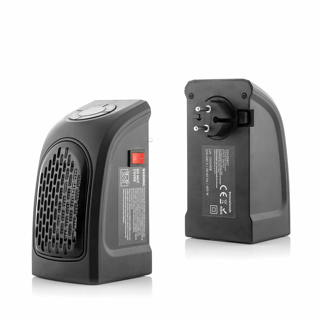 Two views of the heater: one showing the front grille and side switch, and the other showing the plug and back labeling.