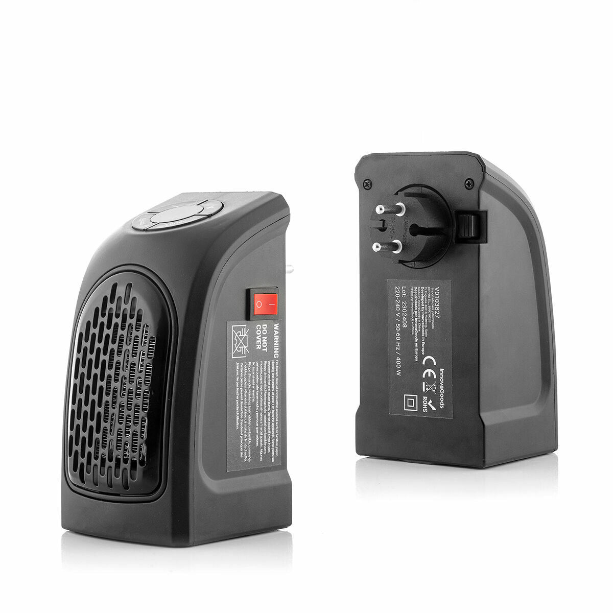 Two views of the heater: one showing the front grille and side switch, and the other showing the plug and back labeling.