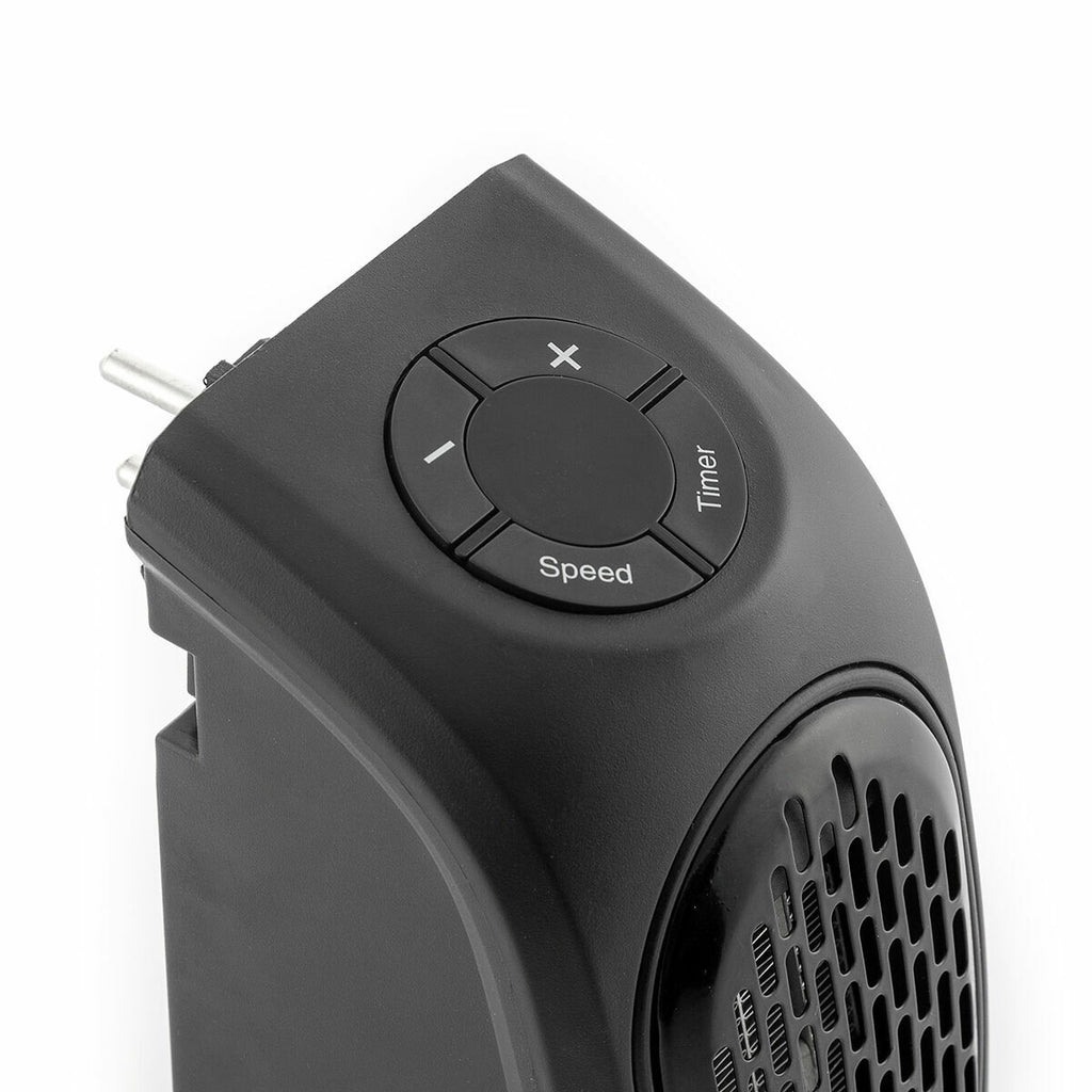 Close-up of the top control panel of the heater showing speed, timer, and temperature setting buttons.