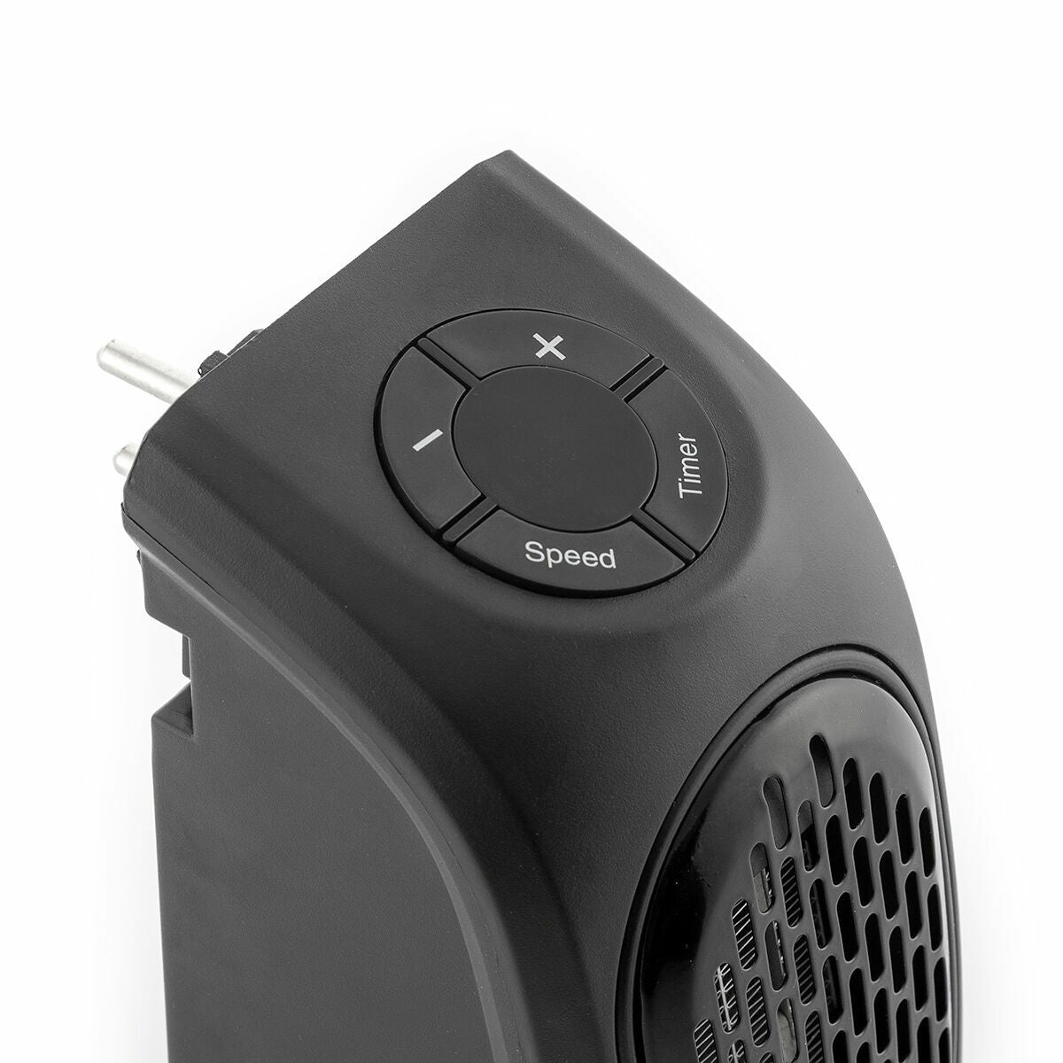Close-up of the top control panel of the heater showing speed, timer, and temperature setting buttons.