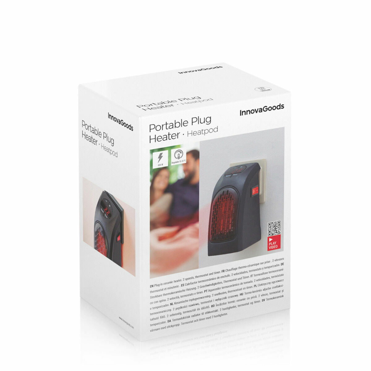 The packaging displays the name 'Portable Plug Heater Heatpod InnovaGoods'. It shows an image of the heater and has text and icons describing its features.