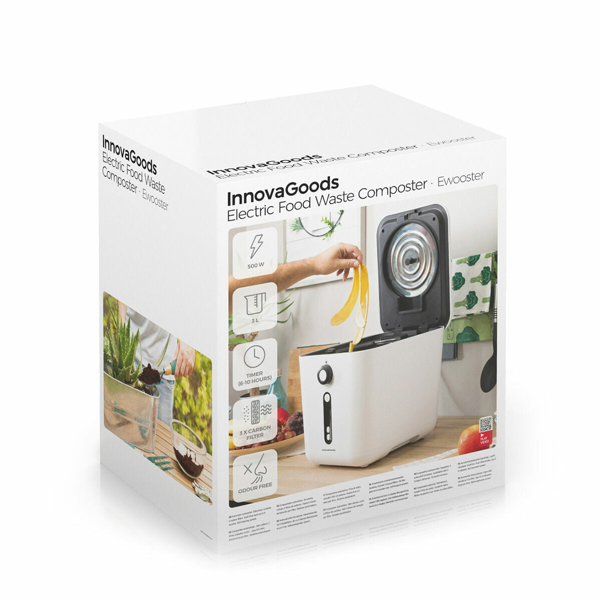The packaging box of the InnovaGoods Electric Food Waste Composter Ewooster shows product images and features such as 500 W, 3L, timer settings, and odor-free functionality.