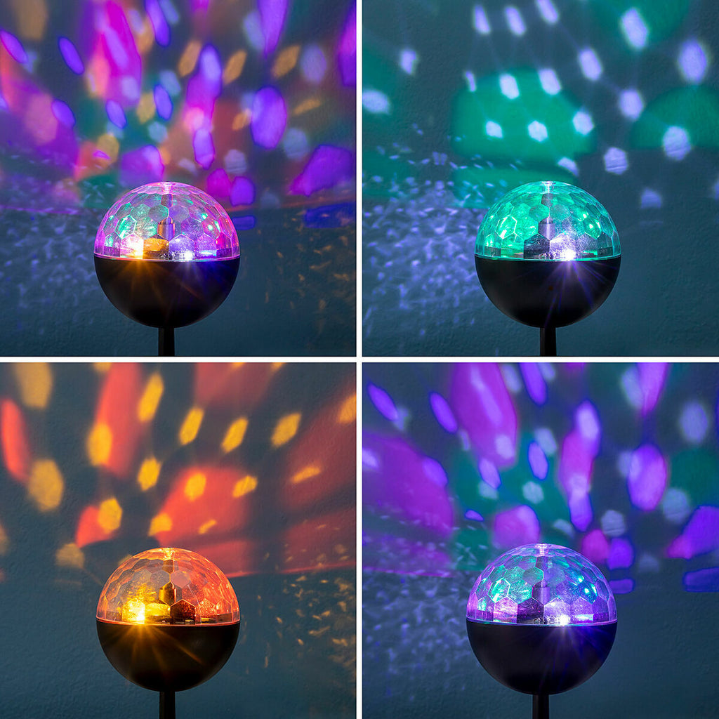 A collage of the Rechargeable LED Projector with Speaker Istarlyt InnovaGoods projecting different colorful light patterns against a dark background, showcasing its versatility in lighting effects.