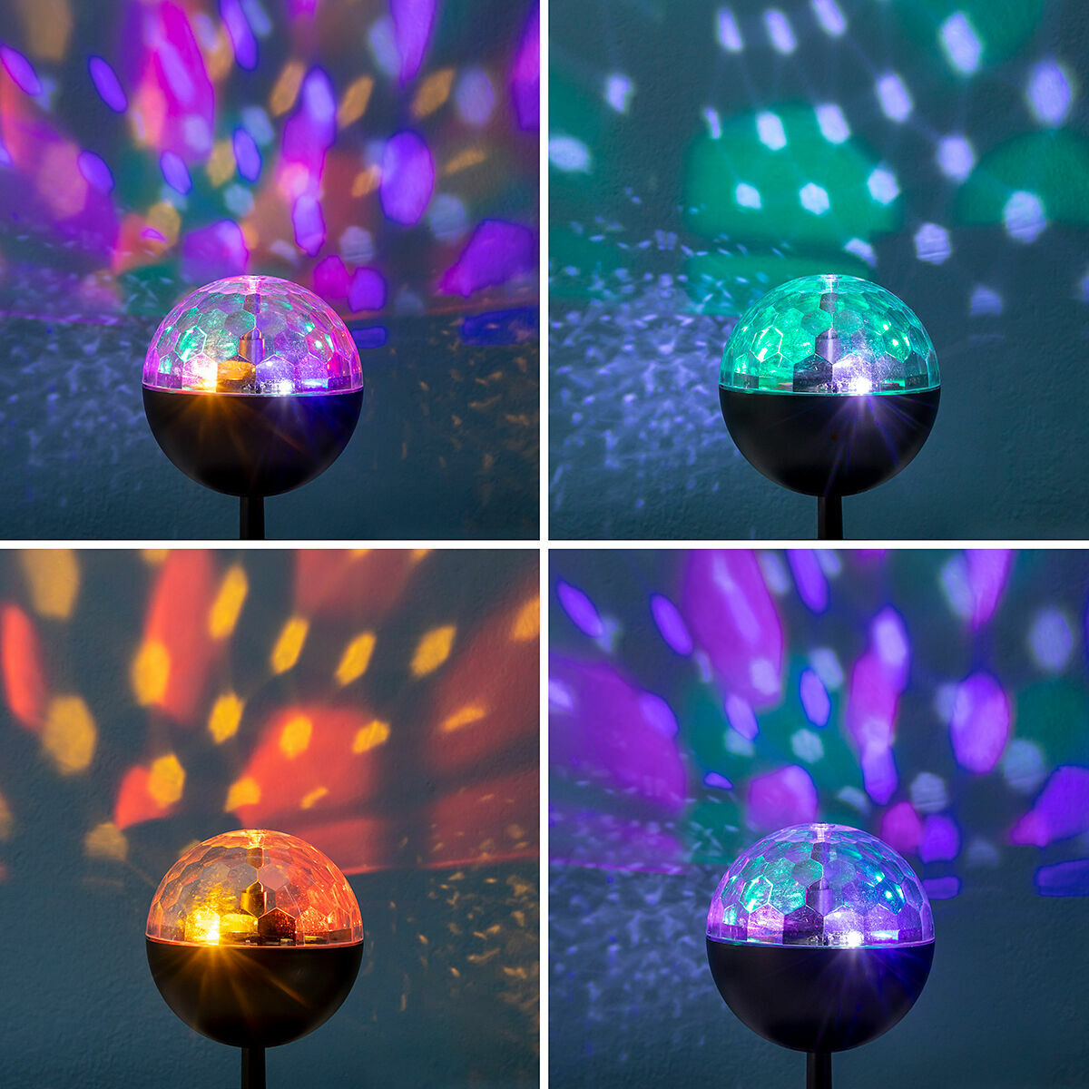 A collage of the Rechargeable LED Projector with Speaker Istarlyt InnovaGoods projecting different colorful light patterns against a dark background, showcasing its versatility in lighting effects.