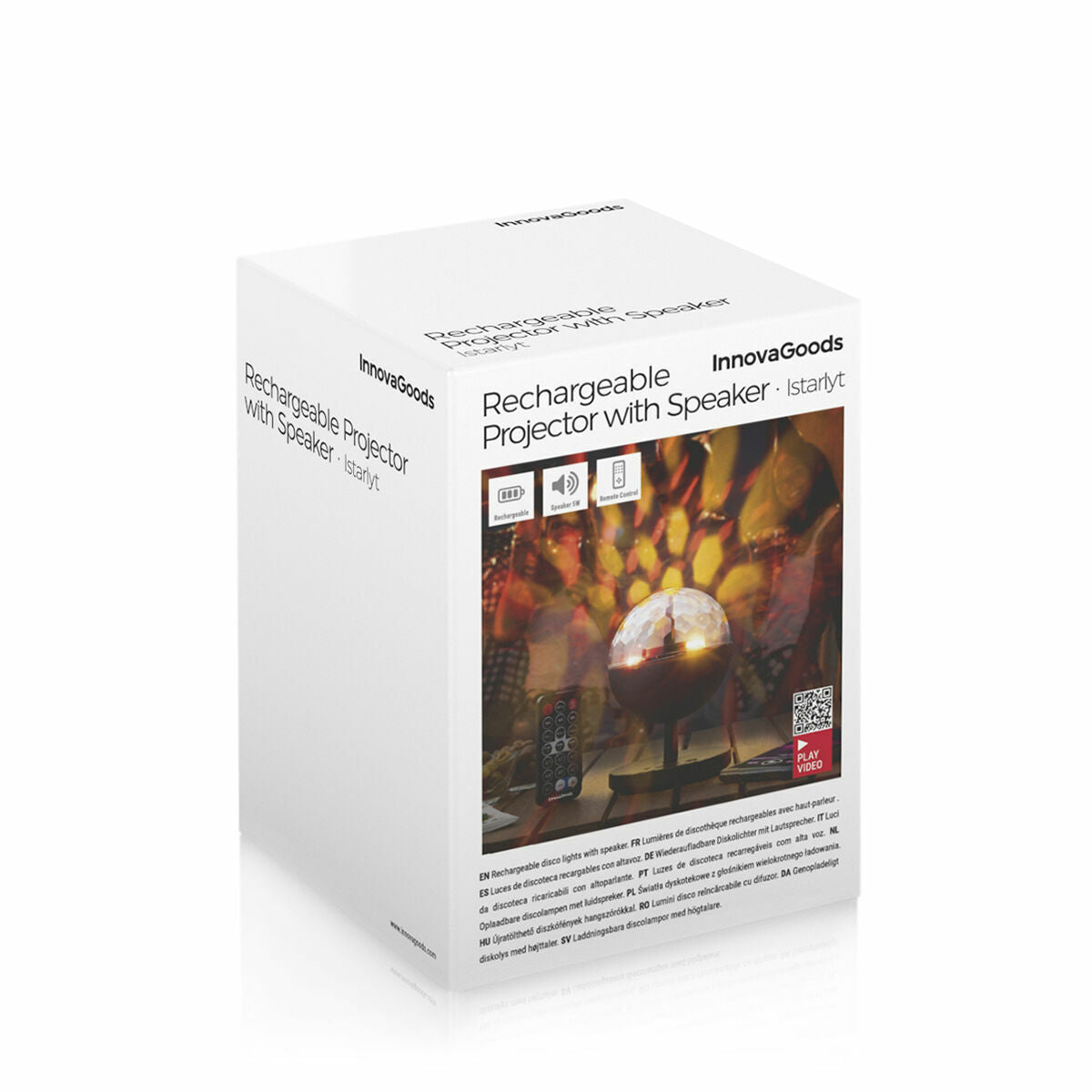 The packaging of the Rechargeable LED Projector with Speaker Istarlyt InnovaGoods is shown. It is a white box labeled with the product's name and brand, displaying an image of the product in use. The packaging highlights the product's features such as rechargeable function, speaker, and remote control.