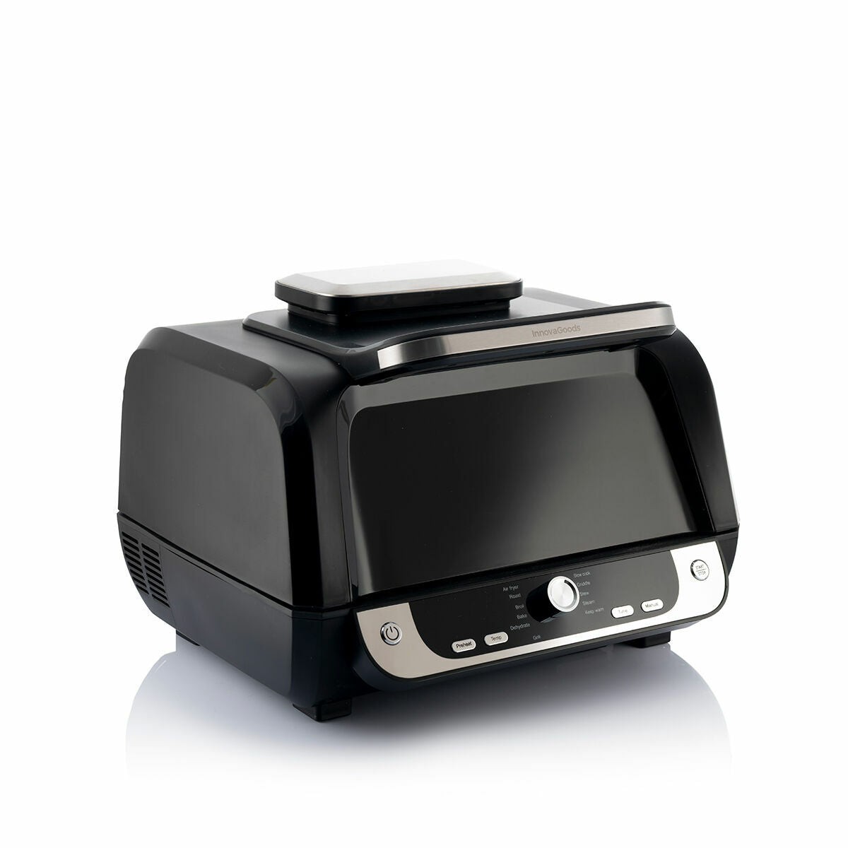 A clean product shot of the air fryer, capturing its sleek black design and digital interface.