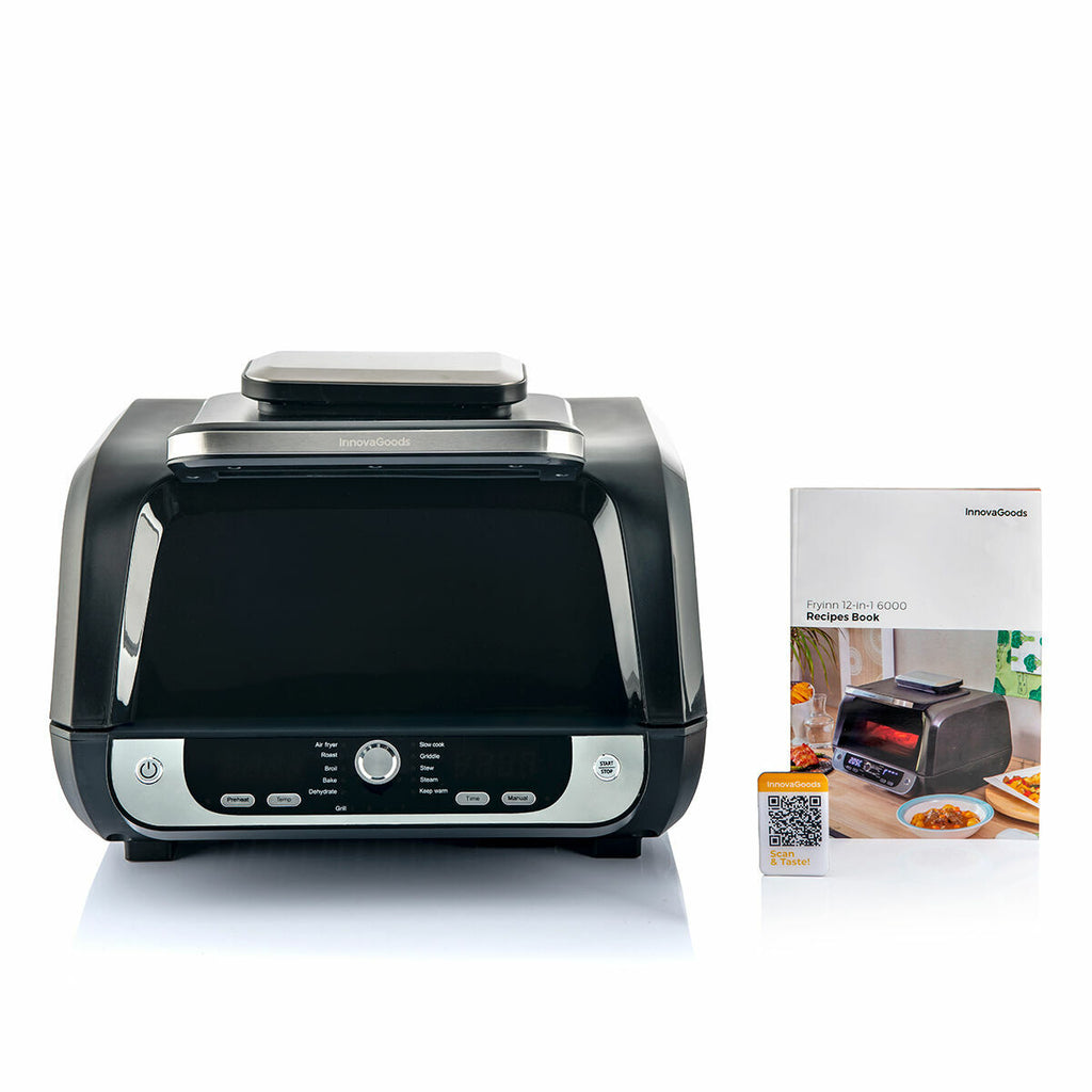 The air fryer is displayed along with a recipe book, both showcasing the InnovaGoods brand.