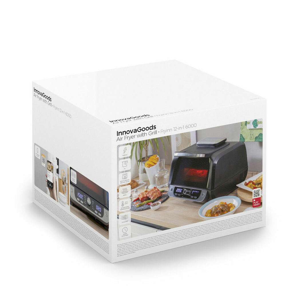 Close-up of the product packaging, showing the InnovaGoods air fryer with grill features highlighted.