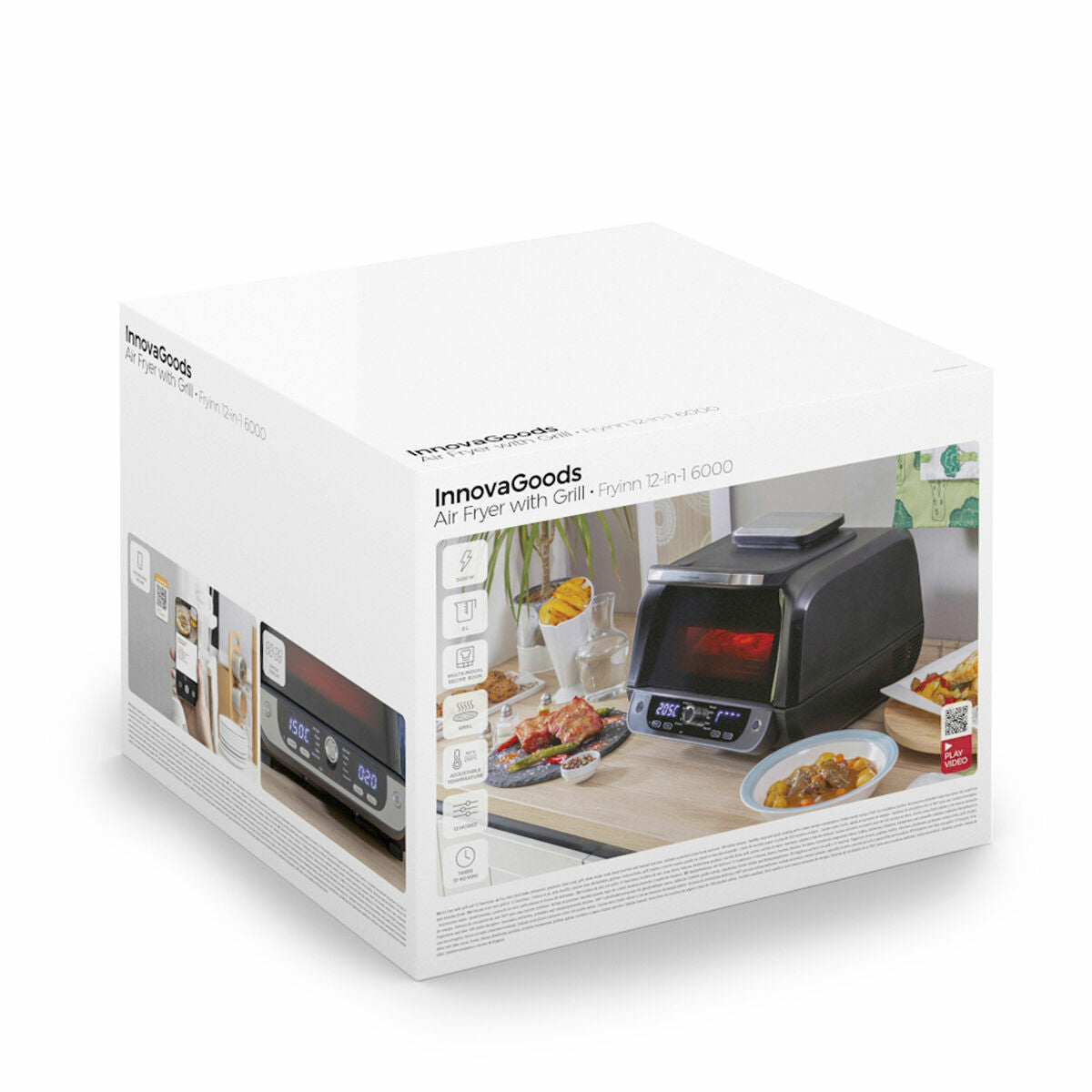 Close-up of the product packaging, showing the InnovaGoods air fryer with grill features highlighted.