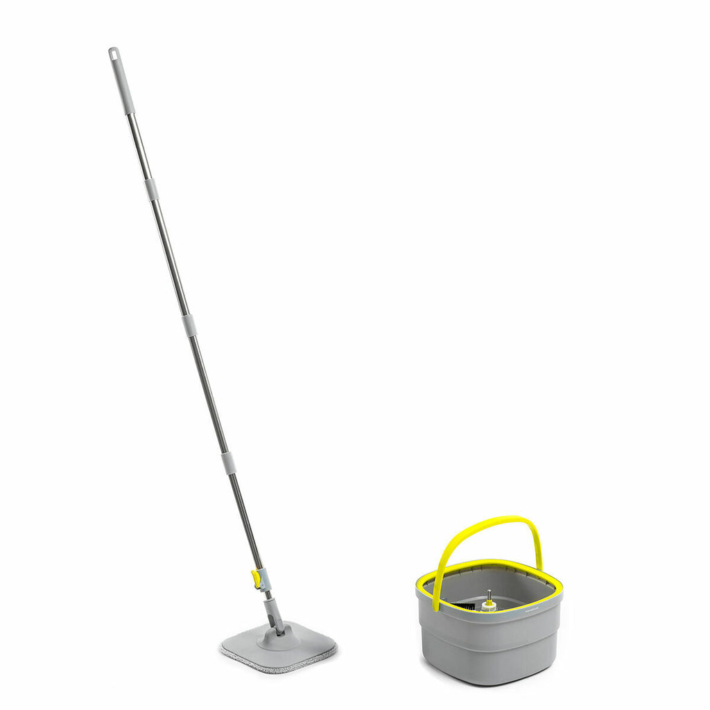 The assembled mop and bucket shown separately with a grey mop pad and yellow bucket handle, on a white background.