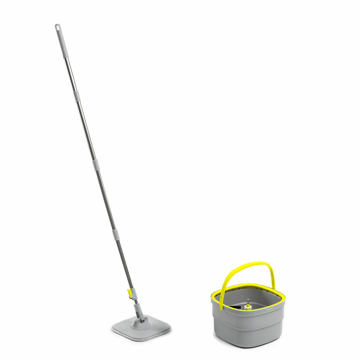 The assembled mop and bucket shown separately with a grey mop pad and yellow bucket handle, on a white background.