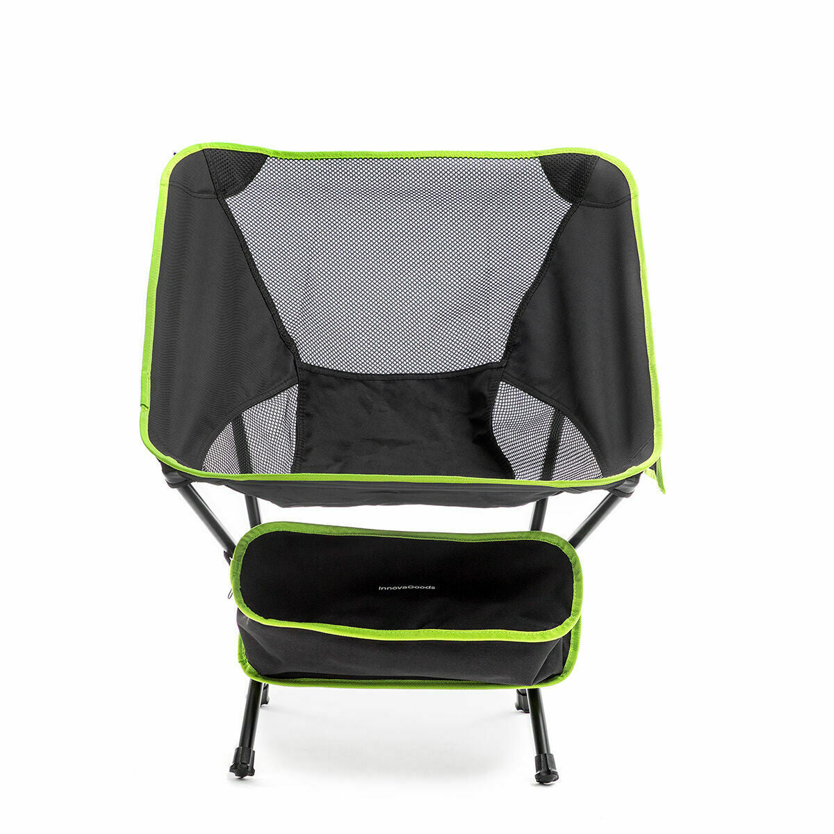 A clear front view of the camping chair, emphasizing its black mesh construction and lime green trim. The storage pocket and side pocket are visible, showcasing its practical features.