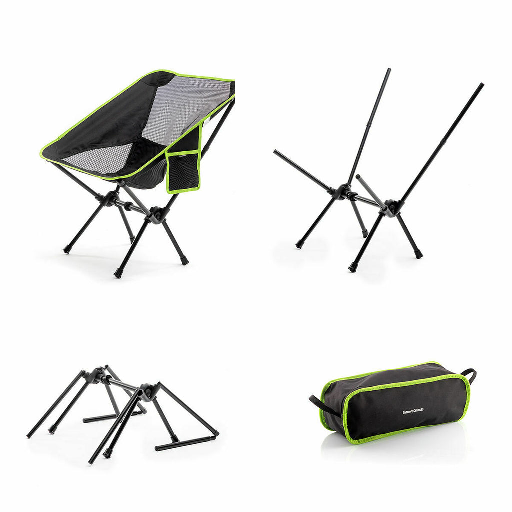 A multi-view product image featuring the chair in various stages: assembled, disassembled, and packed in its carrying bag. The chair is black with lime green accents, highlighting its portability and easy assembly.