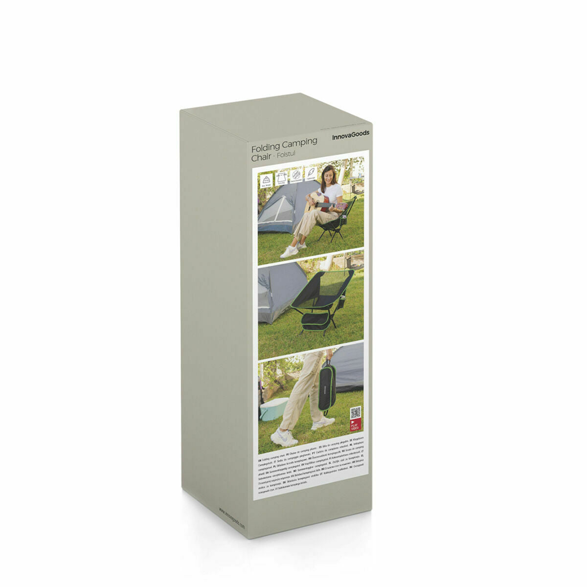Packaging image of the product showing the box design with product images and branding. The box is grey with illustrations of the chair in use, enhancing understanding of its functionality and setup.