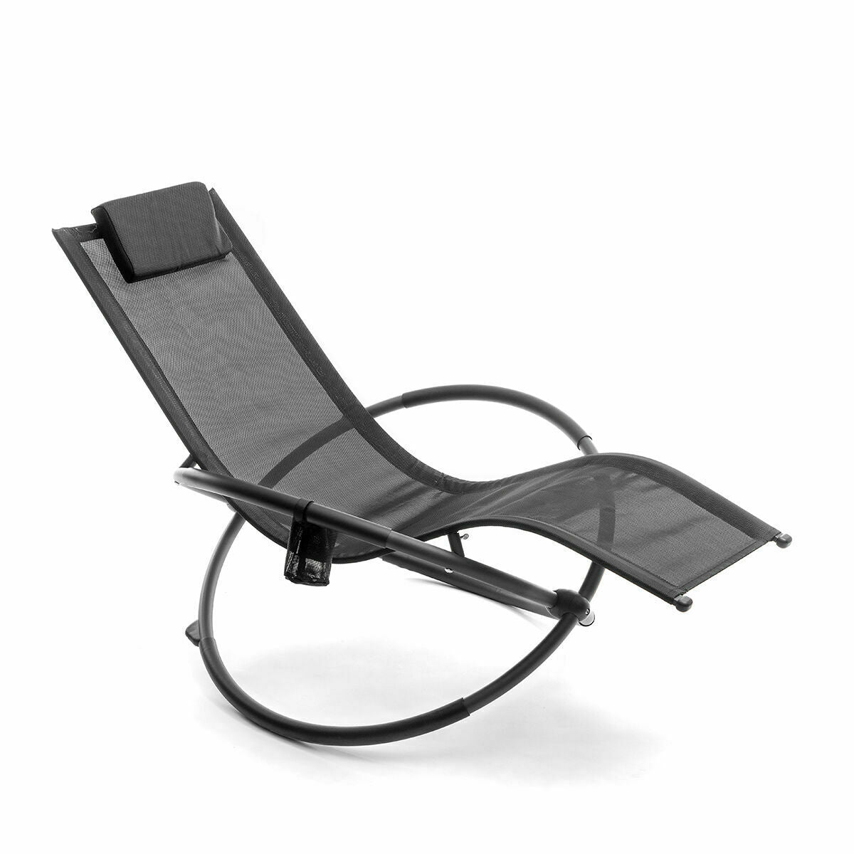 A clean product shot of the Rockorb sunbed. Features black mesh material and a headrest, with a circular black base, centered on a white background.