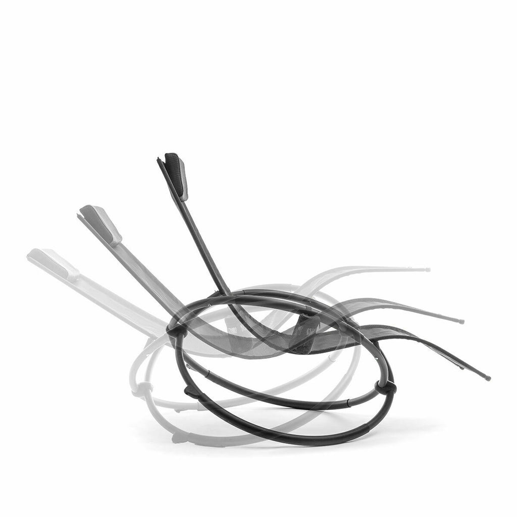 Illustration showing the Rockorb's rocking motion capability with its circular frame design. The image highlights its functionality in grayscale and transparent tones.