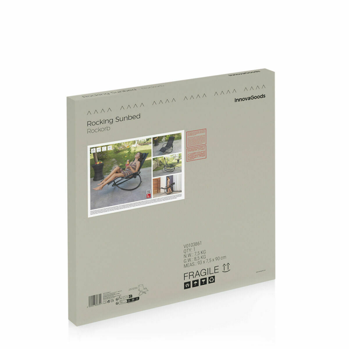 Product packaging with the label 'Rocking Sunbed Rockorb' by InnovaGoods. Box displays images of the sunbed in use and details about the product dimensions and weight.
