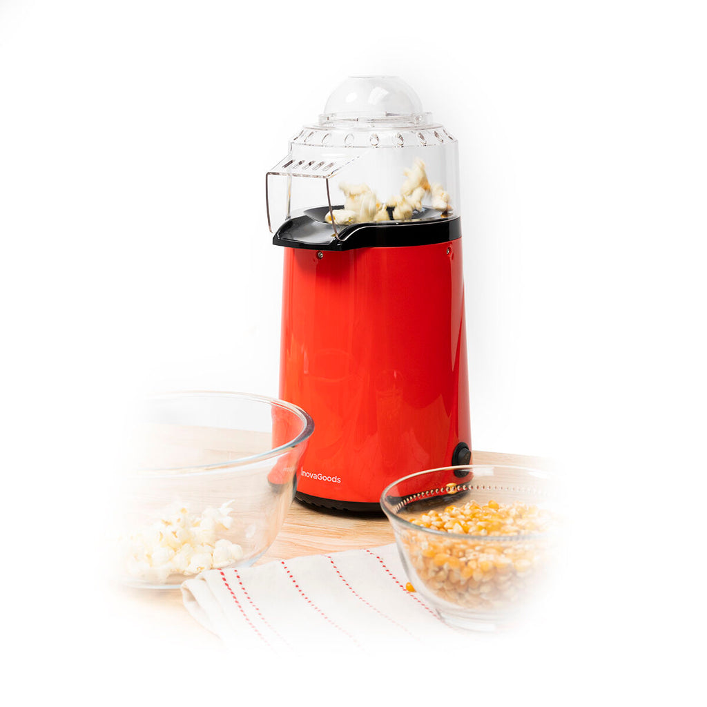 A clean product shot of the Hot Air Popcorn Maker Popmar InnovaGoods with popcorn bowls on a wooden surface.